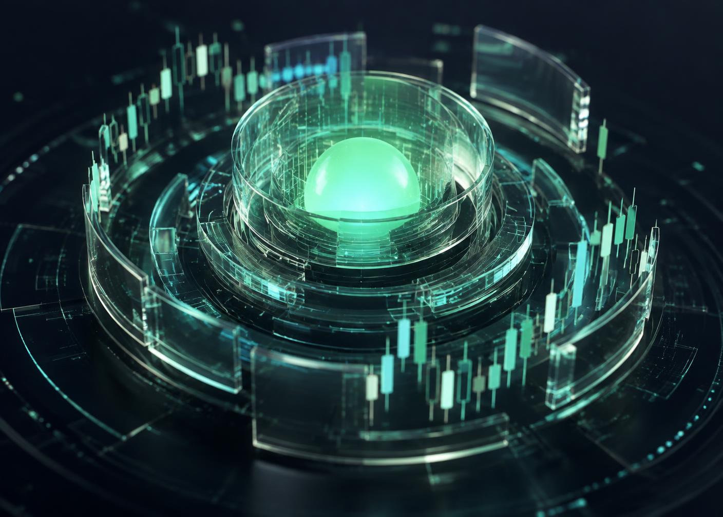 Conceptual illustration of the Trade Republic AI trading engine analysing candlestick market data in layered glass rings
