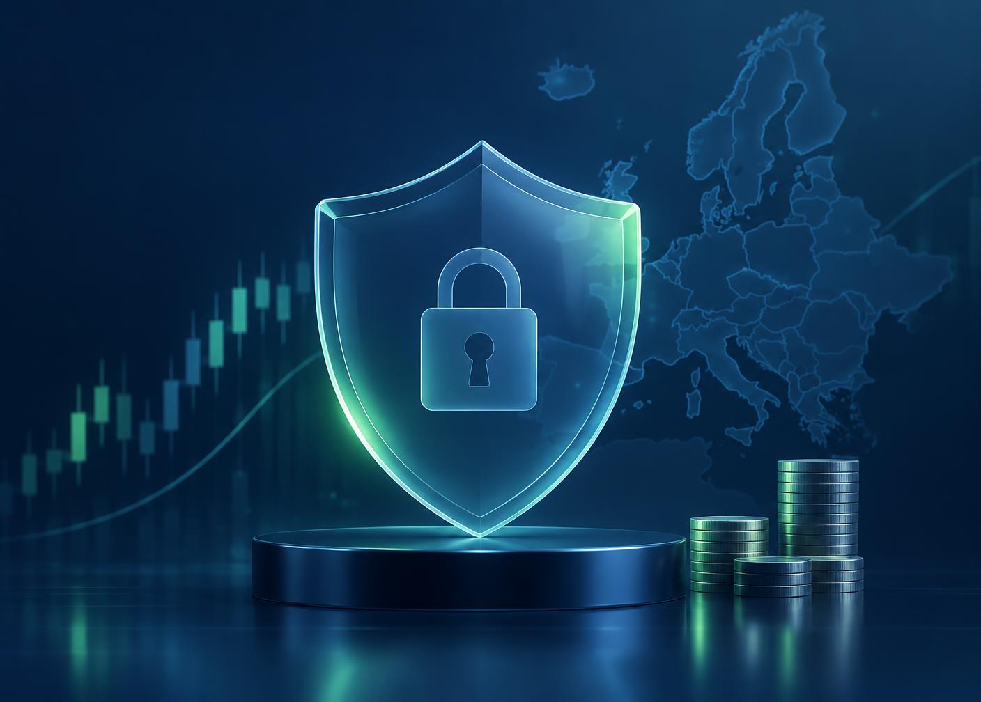 Glass security shield with a padlock over a European map, representing regulated and segregated Trade Republic AI investment custody